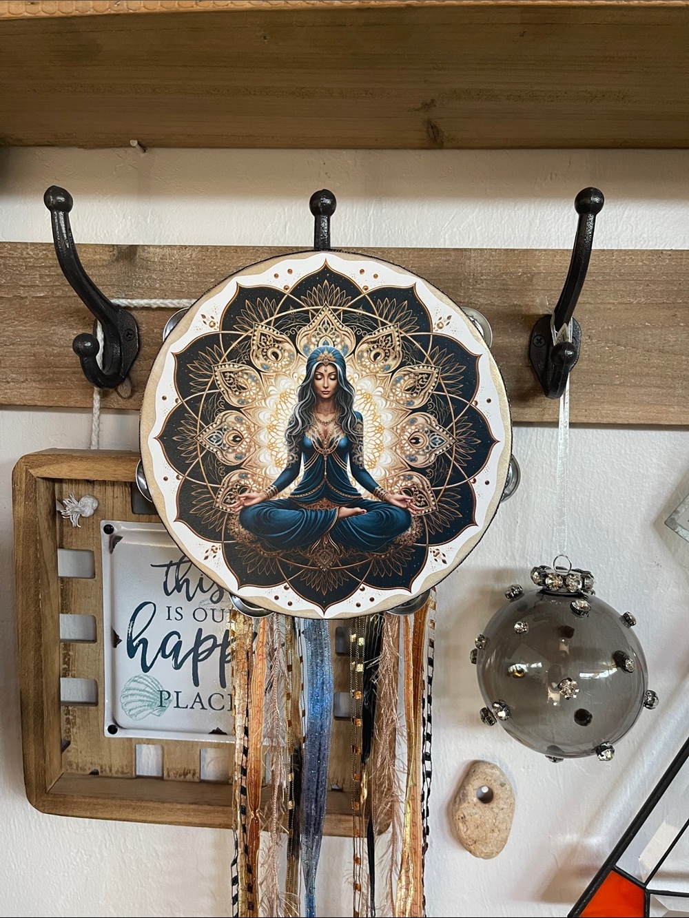 Meditative Mandala Wall Hanging in Teal and Gold - Brand Unbranded